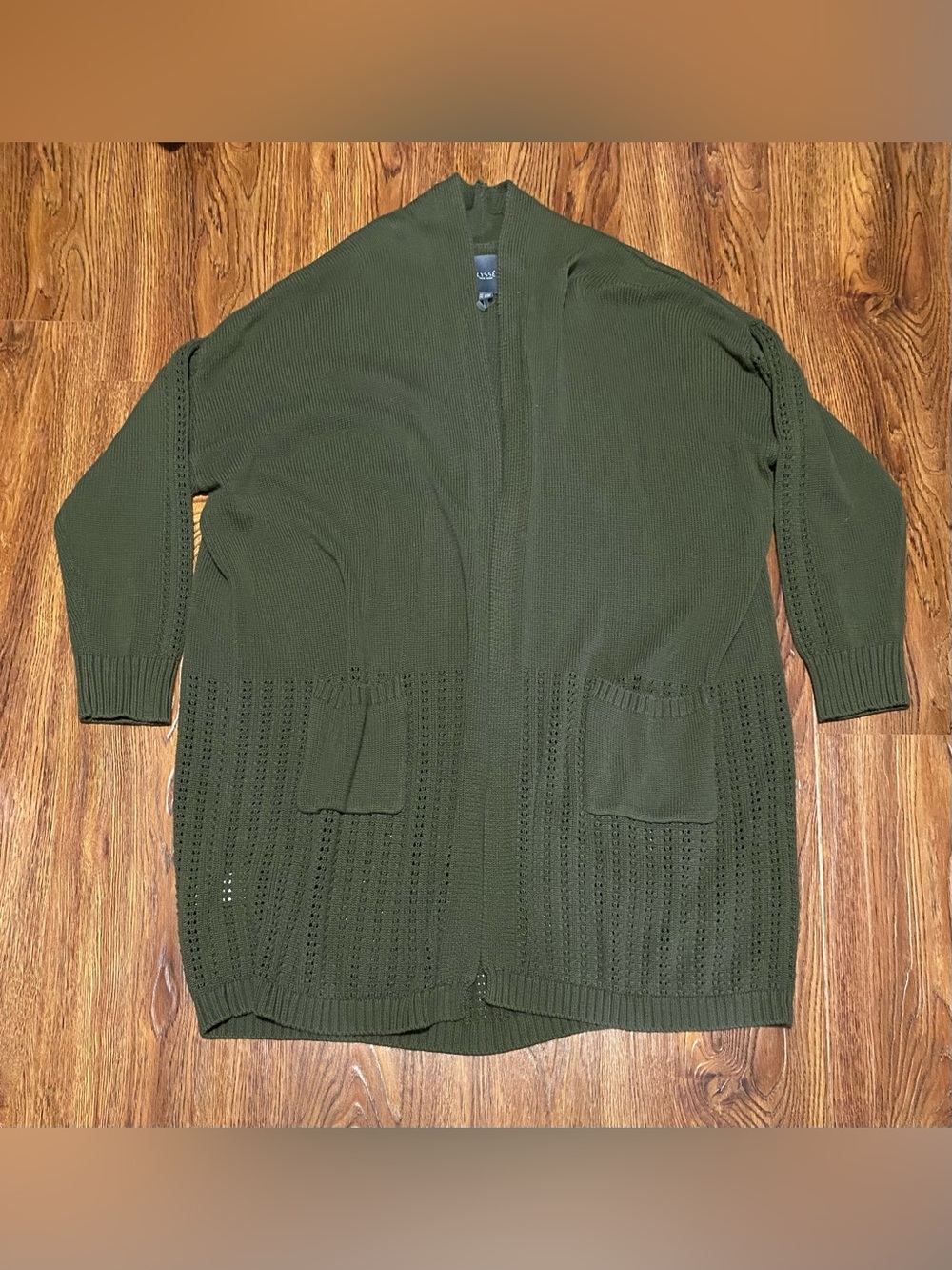 Lysse Olive Green Long Line Open-Front Knit Cardigan Size L/XL